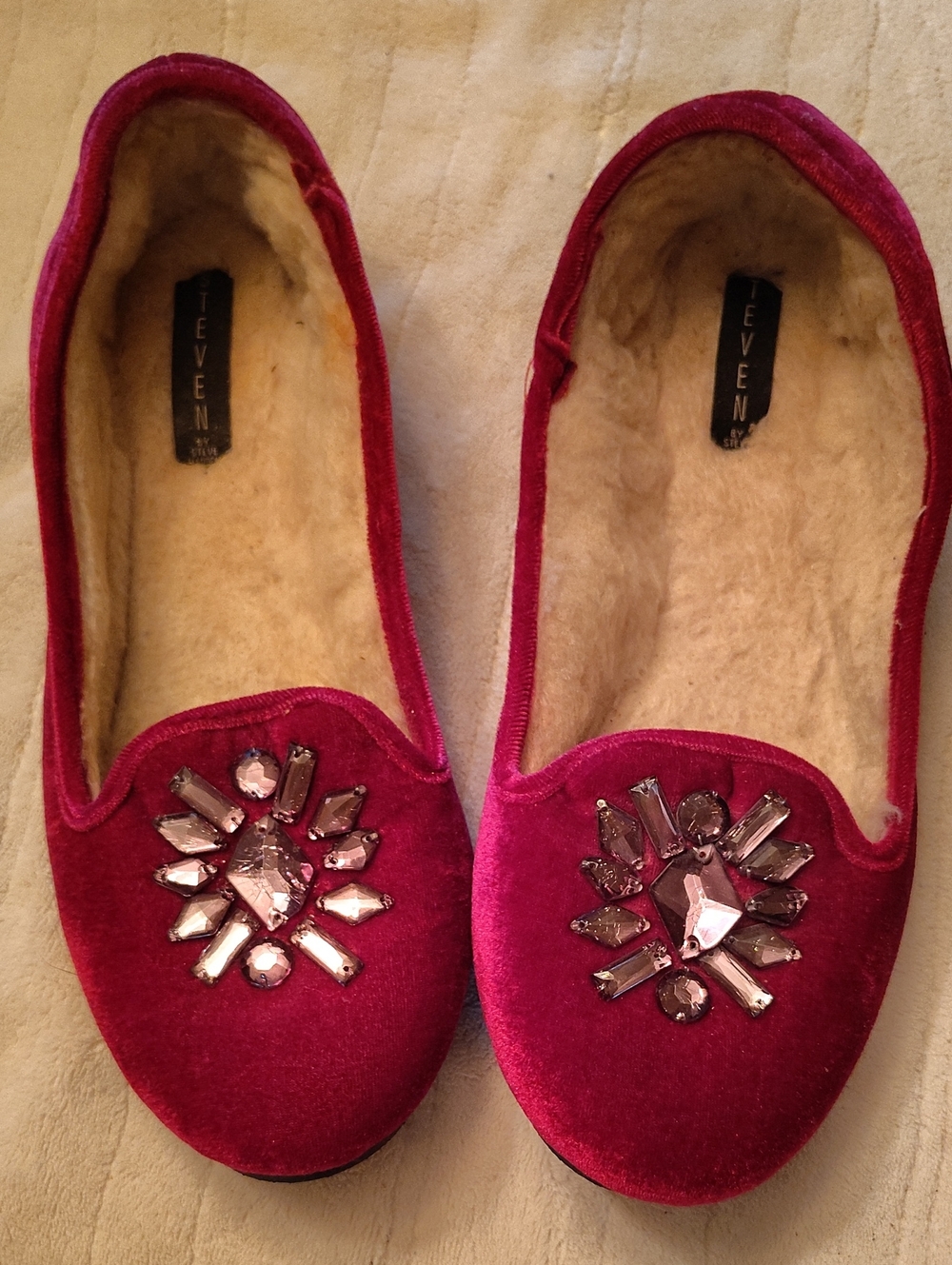 Women's Red Velvet Jeweled Flats